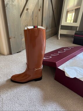 Gucci Tan Gloss Leather Knee-High Riding Boots with Web Trim
